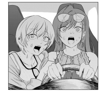 Rule 34 | 2girls, absurdres, arisugawa natsuha, car interior, chainsaw man, commentary request, earrings, eyewear on head, greyscale, highres, idolmaster, idolmaster shiny colors, jacket, jewelry, long hair, meme, monochrome, multiple girls, necklace, open mouth, parody, power crashes kobeni's car (meme), rhizobium10, saijo juri, short hair, sleeveless, steering wheel, sunglasses, surprised, tank top