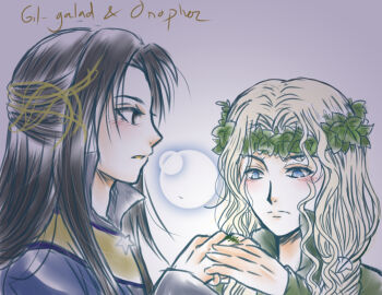 2boys black_hair blonde_hair blue_eyes blush character_name closed_mouth eyelashes gil-galad height_difference high_collar holding_hands looking_at_another looking_down male_focus multiple_boys oropher parted_bangs parted_lips profile simple_background the_silmarillion tolkien&#039;s_legendarium upper_body windrelyn yaoi