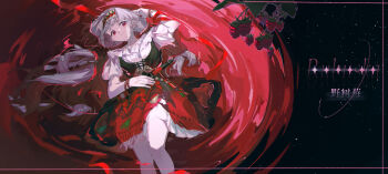 1girl ambiguous_red_liquid arm_up black_background black_corset character_name chinese_commentary closed_mouth commentary_request corset feet_out_of_frame flute food from_above fruit grey_hair hairband highres holding holding_flute holding_instrument instrument long_hair looking_at_viewer lying miniskirt on_back partially_submerged raspberry red_eyes red_hairband red_skirt reverse:1999 rubuska shirt short_sleeves skirt smile solo sparkle white_shirt youzhiyuan