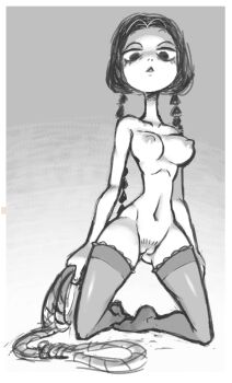 1girl the_addams_family braid breasts english_text expressionless full_body highres kneeling long_hair looking_at_viewer low_twin_braids medium_breasts minuspal monochrome nipples nude pussy_juice rope shaded_face shiny_skin source_request twin_braids wednesday_addams