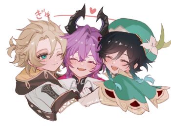 3boys :d ^_^ albedo_(genshin_impact) aqua_eyes aqua_hair artist_name black_hair black_horns black_shirt blonde_hair blush braid capelet closed_eyes closed_mouth coat commentary_request crossed_bangs dragon_horns durin_(genshin_impact) eyelashes fang flower genshin_impact gloves gradient_hair green_capelet hair_between_eyes half_up_half_down_braid hand_up happy hat hat_flower heart hood hood_down hooded_coat horns hug long_sleeves male_focus medium_hair multicolored_hair multiple_boys nene_chiru one_eye_closed open_mouth parted_bangs purple_hair shirt short_sleeves side_braids signature simple_background single_hair_intake skin_fang smile teeth twin_braids upper_body upper_teeth_only venti_(genshin_impact) white_background white_coat white_flower white_gloves white_shirt