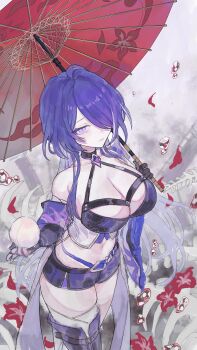 1girl absurdres acheron_(honkai:_star_rail) bandages black_choker black_gloves black_shorts bone boots breasts choker cleavage coat coattails detached_sleeves flower food fruit gloves hair_over_one_eye highres holding holding_food holding_fruit holding_umbrella honkai:_star_rail honkai_(series) large_breasts long_hair midriff multicolored_hair navel oil-paper_umbrella peach purple_eyes purple_hair red_flower short_shorts shorts single_bare_shoulder skeleton solo stomach streaked_hair thigh_boots umbrella water_drop white_coat yowapoo