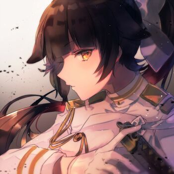 1girl azur_lane bow brown_hair commentary_request from_side gloves grey_background hair_bow highres jacket katana long_hair long_sleeves looking_at_viewer mizoreno_(shinohara_momi) simple_background solo sword takao_(azur_lane) upper_body very_long_hair weapon white_bow white_gloves white_jacket