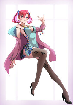 1girl absurdres bare_shoulders black_thighhighs blue_camisole blue_eyes blush breasts camisole cleavage collarbone digimon digimon_story:_cyber_sleuth full_body high_heels highres jacket jewelry large_breasts necklace purple_jacket red_hair shiramine_nokia solo takashijun2018 thighhighs twintails