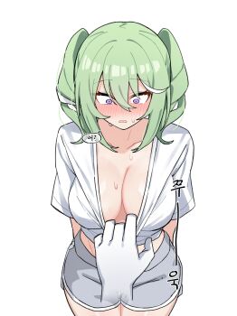 1girl absurdres arms_at_sides assisted_exposure blush breasts choppy_bangs clothes_pull commentary cowboy_shot disembodied_hand dolphin_shorts green_hair grey_shorts hair_between_eyes highres korean_commentary korean_text large_breasts long_bangs looking_down maksagwa medium_hair multicolored_hair no_bra nose_blush parted_lips pulling_another's_clothes purple_eyes shirt shirt_pull short_shorts short_sleeves shorts simple_background solo_focus sound_effects speech_bubble standing stellive streaked_hair surprised sweat translation_request twintails virtual_youtuber white_background white_shirt wide-eyed yuzuha_riko