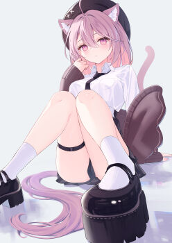 Rule 34 | 1girl, absurdres, ahoge, animal ear fluff, animal ears, arm support, beret, black hat, black necktie, black skirt, blush, breasts, cardigan, cat ears, cat tail, closed mouth, collared shirt, colored inner hair, convenient skirt, crossed bangs, dot nose, feet, foot focus, foreshortening, from below, full body, hair between eyes, hand up, hat, highres, knees together feet apart, large breasts, long sleeves, looking at viewer, lows., multicolored hair, necktie, off shoulder, original, pink eyes, pink hair, platform sandals, pleated skirt, purple cardigan, reflective floor, sandals, school uniform, shirt, simple background, sitting, skindentation, skirt, socks, solo, tail, tented shirt, thigh strap, thighs, white background, white shirt, white socks