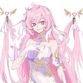 1girl bare_shoulders bell breasts diamond-shaped_pupils diamond_(shape) elysia_(herrscher_of_human:_ego)_(honkai_impact) elysia_(honkai_impact) gloves hand_on_own_chest highres honkai_(series) honkai_impact_3rd large_breasts lin6950164 long_hair looking_at_viewer multicolored_hair pink_hair purple_eyes simple_background smile solo symbol-shaped_pupils triquetra two-tone_hair very_long_hair white_background white_gloves white_hair