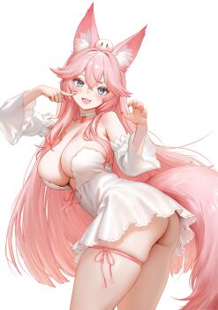 Rule 34 | 1girl, :d, absurdres, animal ear fluff, animal ears, armpit crease, ass, blue eyes, blush, breasts, choker, claw pose, cleavage, cowboy shot, detached sleeves, dress, fang, finger to face, fox ears, fox girl, fox tail, hair flaps, highres, indie virtual youtuber, large breasts, leg ribbon, long hair, looking at viewer, mochiimochii (vtuber), open mouth, pink hair, pink nails, pink ribbon, regiana (jubi), ribbon, second-party source, short dress, simple background, skin fang, skindentation, sleeveless, sleeveless dress, smile, solo, strapless, strapless dress, tail, thigh ribbon, very long hair, virtual youtuber, white background, white choker, white dress, white sleeves, wide sleeves