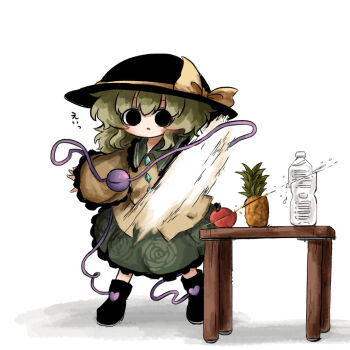 1girl black_boots black_eyes black_hat boots bottle buttons chibi commentary_request cutting diamond_button floral_print food frilled_shirt_collar frilled_skirt frilled_sleeves frills fruit full_body green_hair green_skirt hair_between_eyes hat heripantomorrow holding holding_knife knife komeiji_koishi long_sleeves medium_hair motion_blur open_mouth pineapple print_skirt rose_print shirt simple_background skirt solo standing table third_eye tomato touhou water_bottle water_drop wavy_hair white_background wide_sleeves yellow_shirt