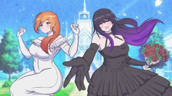 2girls absurdres alex_(minecraft) bare_shoulders black_hair blush bouquet breasts commentary dangoheart_animation dress elbow_gloves enderman english_commentary flower gloves green_eyes highres holding holding_bouquet long_hair minecraft multicolored_hair multiple_girls open_mouth orange_hair purple_eyes streaked_hair wedding_dress white_dress
