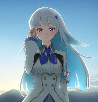 1girl 46_crt armband backlighting blue_armband blue_background blue_hair blue_neckerchief blunt_ends blush breasts buttons closed_mouth cloud collared_shrug colored_inner_hair commentary_request dawn day double-breasted frilled_sleeves frills hair_ornament hand_up high-waist_skirt highres lize_helesta lize_helesta_(1st_costume) long_hair long_sleeves looking_at_viewer loose_hair_strand mountainous_horizon multicolored_hair neckerchief nijisanji outdoors purple_eyes ribbed_shirt shirt shirt_tucked_in shrug_(clothing) skirt sky small_breasts smile solo split_mouth straight-on two-tone_hair upper_body very_long_hair virtual_youtuber white_hair white_shirt white_shrug white_skirt