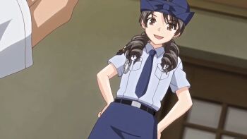 10s 1boy 1girl 2019 aged_down animated animated_gif anime_screenshot asou_miyuri belt belt_buckle blue_shirt bow bowtie breasts buckle censored close-up clothes_lift doki_doki_little_ooya-san erection femdom hat hetero hip_focus indoors loli long_hair looking_at_viewer lowres mosaic_censoring panties penis police police_hat police_uniform shirt size_difference skirt skirt_lift small_breasts solo_focus spread_legs stepping_on_penis underwear
