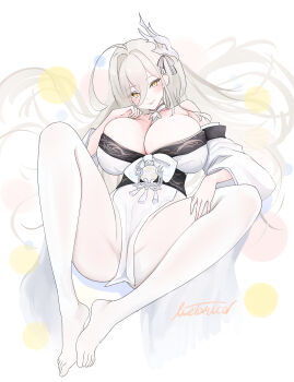 Rule 34 | 1girl, :p, absurdres, ahoge, azur lane, bare shoulders, blush, breasts, hair intakes, hakuhou (azur lane), highres, huge breasts, japanese clothes, kimono, livetarica, long bangs, looking at viewer, mask, mask on head, pantyhose, signature, slit pupils, smile, solo, spread legs, tongue, tongue out, white hair, white kimono, white pantyhose, yellow eyes