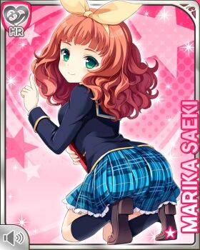 1girl ass blue_bow blue_jacket bow button character_name closed_mouth curly_hair from_behind girlfriend_(kari) green_eyes hair_bow hair_over_shoulder jacket kneeling looking_at_viewer medium_hair official_art pink_background plaid_clothes plaid_skirt pointing pointing_up qp:flapper red_hair ribbon saeki_marika school_uniform shirt skirt smile stuffed_toy tagme white_shirt yellow_ribbon