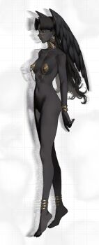 Rule 34 | 1girl, absurdres, black skin, colored skin, from side, full body, head wings, highres, lapefamm, metal pasties, nipple chain, nipple piercing, nude, original, piercing, solo, standing, wings