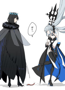 1boy 1girl arthropod_boy black_bow black_dress black_hair blue_eyes boots bow braid breasts bug cape centipede cleavage crown diamond_hairband dress fate/grand_order fate_(series) fur-trimmed_cape fur_trim grey_hair hair_bow half_up_braid high_heel_boots high_heels highres holding holding_polearm holding_weapon insect_wings ki_wa001 large_breasts long_hair long_sleeves medium_hair morgan_le_fay_(fate) oberon_(fate) oberon_(third_ascension)_(fate) polearm ponytail sidelocks simple_background translation_request very_long_hair weapon white_background wings