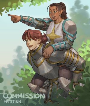 2girls absurdres armor artist_name blush brown_hair carrying carrying_person commentary commission cowboy_shot dark-skinned_female dark_skin earrings english_commentary feet_out_of_frame full_armor green_eyes hand_on_another&#039;s_shoulder highres jewelry lips looking_to_the_side m4rjinn medium_hair multiple_girls nature nose open_mouth original outdoors piggyback pointing pointing_forward pointy_ears ponytail sketch_background sweatdrop teeth