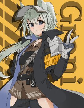 1girl absurdres animal_ears arknights character_name clothing_cutout commentary_request cowboy_shot english_text gloves grani_(arknights) grey_hair hair_between_eyes hand_on_own_hip hand_up highres hip_vent horse_ears horse_girl jacket long_hair looking_at_viewer mukipero ponytail shirt smile solo v yellow_background