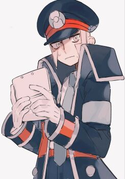 1boy black_coat black_hat black_pants ccf2q closed_mouth coat commentary_request gloves grey_background grey_eyes grey_hair grey_necktie handheld_game_console hat highres holding holding_handheld_game_console ingo_(pokemon) long_sleeves male_focus necktie nintendo nintendo_3ds pants pokemon pokemon_bw shirt simple_background solo sweat white_gloves white_shirt