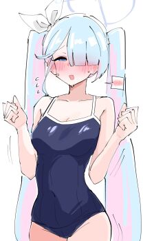 1girl bagaponchi bare_arms blue_archive blue_eyes blue_hair blue_halo blue_one-piece_swimsuit blush commentary_request cowboy_shot general_student_council_president_(blue_archive) hair_over_one_eye halo hands_up highres long_hair looking_at_viewer one-piece_swimsuit open_mouth pink_hair simple_background solo spoken_blush swimsuit twintails very_long_hair white_background