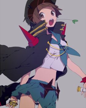 Rule 34 | 10s, 1girl, :o, bad id, bad pixiv id, banchou, blue sailor collar, blue skirt, brown hair, delinquent, female focus, hat, hirota tsuu, jacket, jacket on shoulders, kill la kill, kstaisa, mankanshoku mako, midriff, open mouth, round teeth, sailor collar, school uniform, serafuku, short hair, skirt, solo, spoilers, teeth