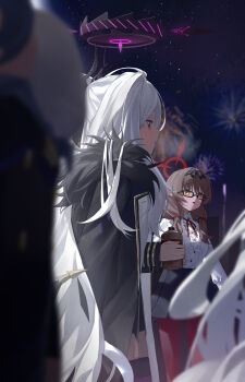 3girls absurdres ako_(blue_archive) black_hairband black_halo black_jacket black_skirt blue_archive blush bottle breasts brown_hair chinatsu_(blue_archive) demon_girl demon_horns fireworks from_side fur_collar glasses hairband halo high-waist_skirt highres hina_(blue_archive) holding holding_bottle horns jacket jacket_on_shoulders large_breasts long_hair multiple_girls night night_sky open_mouth pantyhose pointy_ears purple_eyes red_halo red_pantyhose shirt sidelocks skirt sky white_hair white_shirt yellow_eyes zhihuigugudegezi