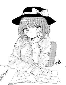1girl arm_on_table arm_rest black_hat book bow brown_hair buttons closed_mouth collar greyscale hair_between_eyes hand_on_book hand_on_own_cheek hand_on_own_face hat hat_bow highres kashiwada_kiiho long_sleeves looking_to_the_side monochrome pen shirt signature sleeve_cuffs table thinking touhou usami_renko white_bow white_collar white_shirt