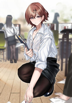 absurdres computer highres higuchi_madoka idolmaster idolmaster_shiny_colors monitor office office_lady pantyhose pencil_skirt pol_winner see-through_clothes shirt skirt white_shirt