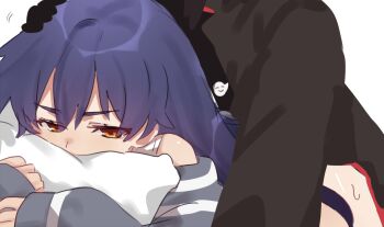 Rule 34 | 1boy, 1girl, bare shoulders, black gloves, black hair, black jacket, brown eyes, chinese commentary, commentary, curled fingers, doggystyle, eyelashes, face in pillow, furrowed brow, gakuran, gloves, grey sweater, hair between eyes, hand on another's head, hetero, highres, hugging object, jacket, kanbaru suruga, long hair, long sleeves, monogatari (series), motion lines, naoetsu high school uniform, narrowed eyes, no pants, off shoulder, oshino ougi, own hands together, pillow, pillow hug, prone bone, purple hair, red trim, school uniform, sex, sex from behind, short hair, simple background, speech bubble, spoken smile, sweat, sweater, thick eyebrows, tsugumi (tgm 615486), white background