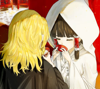 2girls absurdres alternate_costume babaiwan_fengchui black_haori blonde_hair bride brown_hair chinese_commentary commentary_request cup drinking female_focus frilled_hair_tubes frills hair_tubes hakurei_reimu haori highres holding holding_cup japanese_clothes kimono kirisame_marisa long_hair multiple_girls shiromuku touhou uchikake wataboushi wedding white_kimono wife_and_wife yuri