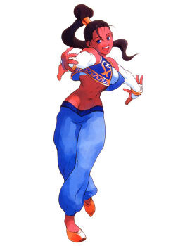 Rule 34 | 1girl, arabian clothes, arika, blue eyes, brown hair, capcom, dark skin, full body, groin, midriff, ponytail, pullum purna, smile, street fighter, street fighter ex (series)