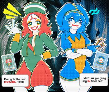 2boys :3 abstract_background balatro blue_collar blue_eyes blue_eyeshadow blue_gloves blue_hair blue_hat blue_shorts blush_(makeup) bodysuit bright_pupils bulge card closed_mouth clown clown_boy clown_makeup clubs_pattern clubs_print collar colored_skin commentary covered_navel cowboy_shot cropped_jacket diamond_pattern diamond_print english_commentary english_text eyeshadow gloves green_eyes green_hat green_jacket green_leotard hair_between_eyes hand_behind hand_up hat heart heart_pattern heart_print highres holding holding_card hosses jacket jester jester_boy jester_cap leotard long_sleeves looking_at_viewer makeup male_focus medium_hair multiple_boys open_clothes open_jacket open_mouth orange_eyeshadow outline perkeo_(balatro) personification playing_card puffy_long_sleeves puffy_short_sleeves puffy_shorts puffy_sleeves red_hair red_lips red_shorts red_strap scarf short_hair short_sleeves shorts smile thick_thighs thighs trap triboulet_(balatro) white_bodysuit white_gloves white_pupils white_scarf white_skin yellow_leotard