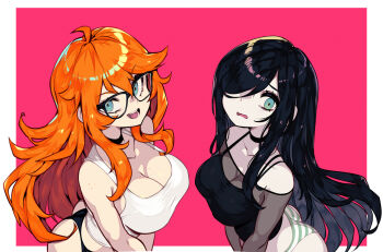 2girls aria_wintermint ass black-framed_eyewear black_choker black_hair black_panties black_tank_top body_freckles border breasts choker cleavage collarbone commentary crop_top english_commentary freckles glasses green_eyes hair_over_one_eye kaz_asteri large_breasts long_hair looking_to_the_side medium_breasts midriff multiple_girls negative_frames no_pants open_mouth orange_hair original outside_border panties parororo pink_background rectangular_eyewear see-through_cleavage see-through_clothes see-through_sleeves shiny_skin shy skirt smile striped_clothes striped_panties tank_top teeth the_crawling_city thong underwear white_border white_tank_top