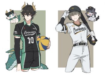 2boys alternate_costume alternate_form animal_ears animal_nose armor ball baseball_bat basketball_uniform belt black_arm_warmers black_belt black_fur black_hair black_hat black_shirt black_shorts blue_eyes blush_stickers border brown_background caelus_(honkai:_star_rail) chimera_(honkai:_star_rail) claws closed_mouth clothes_writing collarbone collared_shirt commentary cowboy_shot creature dan_heng_(honkai:_star_rail) dan_heng_(permansor_terrae)_(honkai:_star_rail) dragon_boy dragon_horns dragon_tail eyeliner gloves green_background green_eyes grey_fur grey_hair hair_between_eyes hand_on_headwear hands_up hat highres holding holding_ball holding_baseball_bat honkai:_star_rail honkai_(series) horns long_sleeves looking_ahead looking_at_viewer makeup male_focus mobius_strip multiple_boys number_print one_eye_closed open_mouth outside_border pants papajay_(jennygin2) peaked_cap pointy_ears red_eyeliner shirt short_hair shorts simple_background smile sportswear standing sweat symbol-only_commentary t-shirt tail teeth tennis_uniform trailblazer_(honkai:_star_rail) two-tone_fur white_armor white_border white_fur white_gloves white_pants white_shirt yellow_eyes yellow_pupils