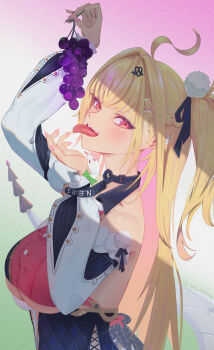 Rule 34 | 1girl, absurdres, ahoge, bare shoulders, blonde hair, breasts, cissia (zenless zone zero), cleavage, commentary request, detached sleeves, fingernails, food, from side, fruit, gradient background, grapes, green background, hair ornament, hairclip, highres, holding, holding food, holding fruit, large breasts, long hair, looking at viewer, open mouth, pink nails, purple background, red eyes, shock collar, snake, snake tail, solo, sugarism, tail, tongue, tongue out, two-tone background, underboob, upper body, white snake, zenless zone zero