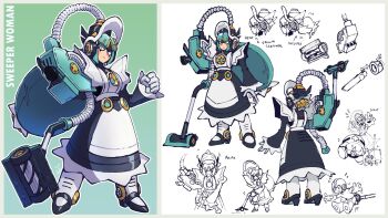 Rule 34 | 1boy, 1girl, 2025, apron, big hair, black shoes, blush stickers, capcom, carrying, carrying person, character name, commentary, dress, english commentary, frilled dress, frills, full body, gloves, gradient background, green background, green eyes, green hair, high heels, highres, juno son, long hair, long sleeves, looking at viewer, maid, maid apron, maid headdress, mega man: dual override, mega man (character), mega man (classic), mega man (series), mega man robot master design contest, met (mega man), multiple views, original, profile, pumps, reference sheet, robot girl, serious, shoes, turnaround, vacuum cleaner, white background, white gloves