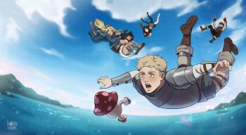 2girls 3boys angrynar animal_ears armor artist_name beard blonde_hair blue_background blue_robe blue_sky boots cat_ears cat_girl cat_tail chilchuck_tims commentary dungeon_meshi dwarf elf english_commentary facial_hair falling full_body adversarial_noise highres holding holding_ladle izutsumi ladle laios_touden long_hair marcille_donato midair monster_girl mountainous_horizon multiple_boys multiple_girls ocean open_mouth outdoors pointy_ears robe senshi_(dungeon_meshi) short_hair sky tail very_short_hair walking_mushroom_(dungeon_meshi) yellow_eyes