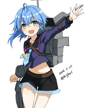 1girl :d absurdres ahoge bigkwl black_sailor_collar black_shorts blue_eyes blue_hair blue_neckerchief blush commentary_request cowboy_shot dated dated_commentary double-parted_bangs frilled_shorts frills hair_between_eyes highres kantai_collection long_hair long_sleeves minazuki_(kancolle) navel neckerchief one-hour_drawing_challenge open_mouth outstretched_arm purple_shirt rigging sailor_collar shirt shorts simple_background smile solo twitter_username white_background