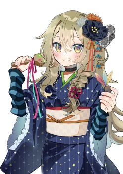 Rule 34 | 1girl, alternate costume, black choker, blonde hair, blue kimono, blush, braid, choker, commentary request, flower, frilled sleeves, frills, grin, hagoita, hair flower, hair ornament, hane (hanetsuki), holding, holding paddle, japanese clothes, kimono, kirisame marisa, long hair, long sleeves, looking at viewer, obi, obijime, paddle, print kimono, sash, side braid, simple background, single braid, smile, star (symbol), star print, tamagogayu1998, touhou, very long hair, white background, yellow eyes