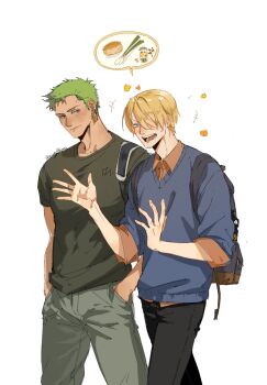 +++ 2boys arm_up backpack bag black_pants blue_eyes blue_pants blue_sweater collared_shirt crew_neck denim feet_out_of_frame green_hair grey_shirt hair_over_one_eye hands_in_pockets happy_aura hashtag-only_commentary highres image_in_speech_bubble jeans layered_clothes looking_to_the_side male_focus meofthoois multiple_boys one_eye_covered one_piece open_mouth orange_shirt pants parted_hair roronoa_zoro sanji_(one_piece) shirt sideways_glance simple_background speech_bubble standing sweater teeth tongue twitter_username v-neck walking white_background wing_collar