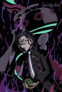 1boy aqua_eyes aqua_trim armor artist_name black-framed_eyewear black_hair black_jacket bug centipede collared_shirt colored_sclera colored_skin corbeau_(pokemon) dusk_ball eyewear_strap gen_5_pokemon glasses highres holding holding_poke_ball horns jacket long_sleeves mega_pokemon mega_scolipede multicolored_skin necktie nintendo onigiri_debu open_clothes parted_hair poke_ball pokemon pokemon_(creature) pokemon_focus pokemon_legends:_z-a purple_hair purple_shirt purple_skin red_skin round_eyewear scolipede shirt short_hair short_sideburns two-tone_skin undercut v-shaped_eyebrows v-shaped_eyes white_necktie yellow_eyes yellow_sclera