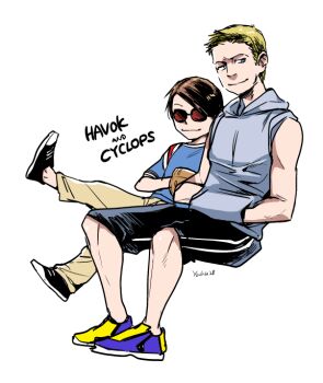 10s 2boys alex_summers animification blonde_hair blouse blue_shirt brothers brown_hair character_name cyclops_(x-men) havok male_focus marvel multiple_boys scott_summers shirt siblings simple_background sitting sunglasses x-men x-men:_first_class x-men_film_series yafu_(yahuxx28)