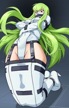 1girl absurdres bdsm bondage bound breasts brown_eyes c.c. code_geass female_focus green_hair grey_background highres long_hair looking_at_another looking_down medium_breasts navel on_floor shadow shio-bari sitting solo straitjacket tagme trembling uncensored