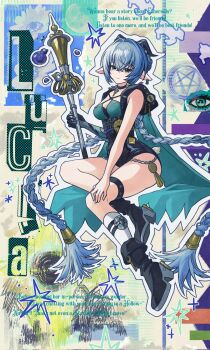 1girl abstract_background accessories animal_ears bell black_boots black_horns black_unitard blue_hair boots bra braid braided_twintails character_name choker earrings goat goat_ears goat_girl goat_horns goat_tail green_background green_bra hair_bell hair_between_eyes hair_ornament hand_on_own_knee highres holding holding_staff hood horizontal_pupils horns jewelry key key_choker knee_strap long_hair looking_at_viewer lucia_elowen medallion mising_0033 pendant_choker pentagram pointy_ears smile socks solo staff star_(symbol) tail underwear white_socks yellow_eyes zenless_zone_zero