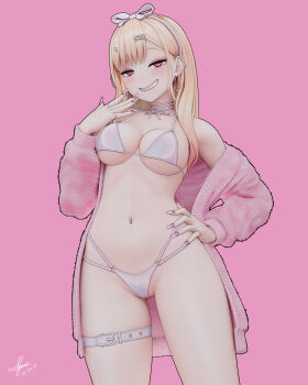 1girl 3d absurdres barbell_piercing bikini blender_(medium) blonde_hair bow_hairband breasts ear_piercing earrings fake_nails gradient_hair grin gyaru hair_ornament hairband hairclip hand_on_own_hip hand_up highres hoop_earrings jewelry kitagawa_marin kleymir long_hair medium_breasts multicolored_hair multiple_rings navel navel_piercing piercing pink_background pink_eyes pink_hair pink_nails pink_sweater ring simple_background smile solo sono_bisque_doll_wa_koi_wo_suru stomach sweater swimsuit teeth thigh_strap thighs white_bikini white_hairband