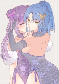 Rule 34 | 2girls, arm at side, armpit crease, assault lily, backless dress, backless outfit, bare shoulders, benini, black gloves, blue dress, blue hair, blush, border, braid, breasts, bun with braided base, butterfly hair ornament, closed mouth, commentary request, cowboy shot, detached sleeves, double bun, dress, elbow gloves, finger to mouth, floral print, flower knot, fur sleeves, gloves, grey background, hair between eyes, hair bun, hair ornament, hair ribbon, halter dress, halterneck, hand in another's hair, hands up, high ponytail, inset border, long hair, looking at viewer, looking back, makino mitake, matsumura fuuka, medium breasts, medium hair, multiple girls, official alternate costume, official alternate hairstyle, outside border, parted bangs, parted lips, pink eyes, pink ribbon, ponytail, print dress, purple dress, purple hair, ribbon, short sleeves, shushing, side slit, sideboob, simple background, standing, sweatdrop, tassel, twintails, twitter username, v-shaped eyebrows, white border, yellow eyes, yuri