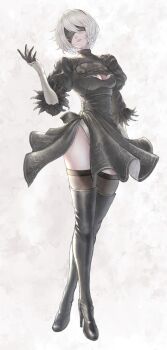 1girl 2b_(nier:automata) absurdres black_boots black_dress black_gloves black_hairband blindfold boots breasts cleavage_cutout clothing_cutout commentary covered_eyes dress english_commentary full_body gloves gradient_background hair_between_eyes hairband hand_up high_heel_boots high_heels highres juliet_sleeves leotard lips long_sleeves medium_breasts mole mole_under_mouth nier:automata nier_(series) open_hand parted_lips puffy_sleeves short_hair solo standing thigh_boots thighs tomozoo83 turtleneck turtleneck_dress white_hair white_leotard