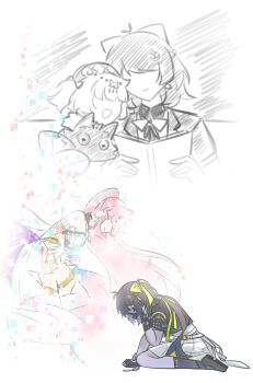 Rule 34 | 2girls, aemeath (wuthering waves), aged down, black hair, black jacket, book, crying, dress, female rover (perpetual spark) (wuthering waves), female rover (wuthering waves), hair ornament, highres, holding, holding book, holding stuffed toy, jacket, jewelry, looking to the side, lyllucq 00, multiple girls, multiple views, official alternate costume, open mouth, pink hair, reading, rover (wuthering waves), short hair, star (symbol), stuffed animal, stuffed toy, white dress, wuthering waves, yellow eyes