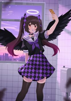 Rule 34 | 1girl, :p, absurdres, alternate costume, arm behind back, bird wings, black choker, black shirt, black skirt, black wings, bow, brown hair, brown thighhighs, cellphone, checkered clothes, checkered skirt, chinese commentary, choker, colored tongue, commentary request, flip phone, hair bow, halo, highres, himekaidou hatate, holding, holding phone, long hair, neckerchief, no headwear, phone, purple bow, purple neckerchief, purple skirt, sailor collar, sailor shirt, school uniform, sdftehn, selfie, shirt, short sleeves, skirt, solo, taking picture, thighhighs, tongue, tongue out, touhou, twintails, two-tone skirt, white sailor collar, wings