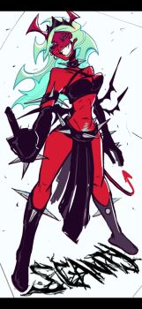 Rule 34 | 1girl, blue hair, breasts, colored skin, commentary request, demon girl, demon horns, female pubic hair, green eyes, green hair, grin-jpg, highres, horns, large breasts, loincloth, long hair, looking at viewer, middle finger, panty &amp; stocking with garterbelt, pubic hair, red skin, scanty (psg), solo